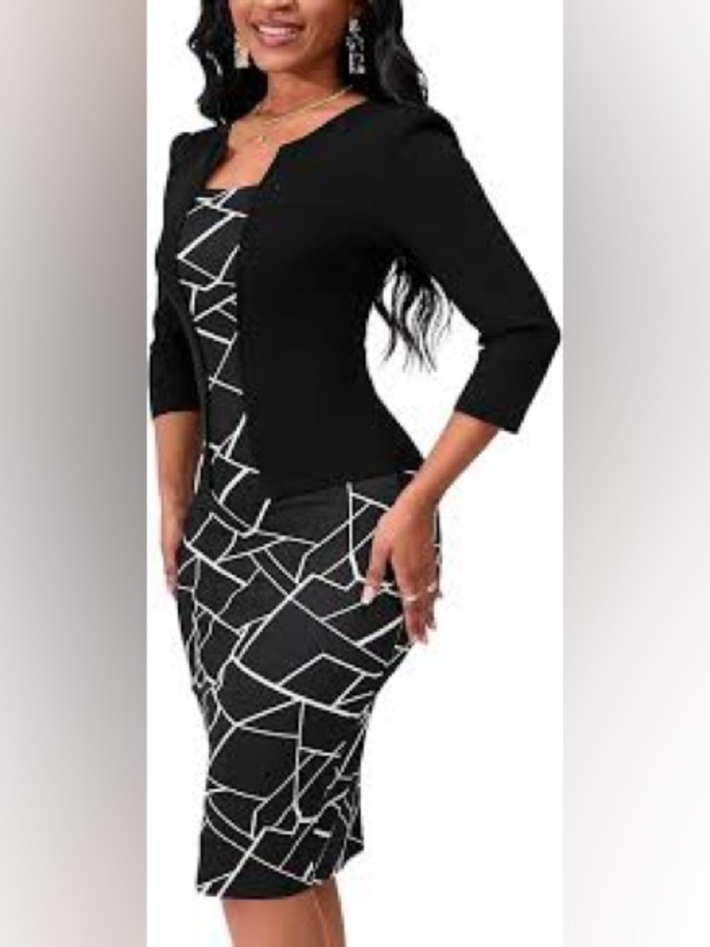 NWT Homeyee Black White Geometric Sheath Midi Dress Size Small